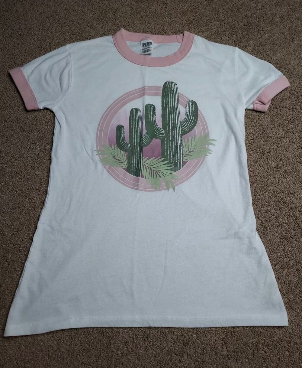 Women's Size XS VS Pink Cactus Crew Neck T-Shirt Pink & White
